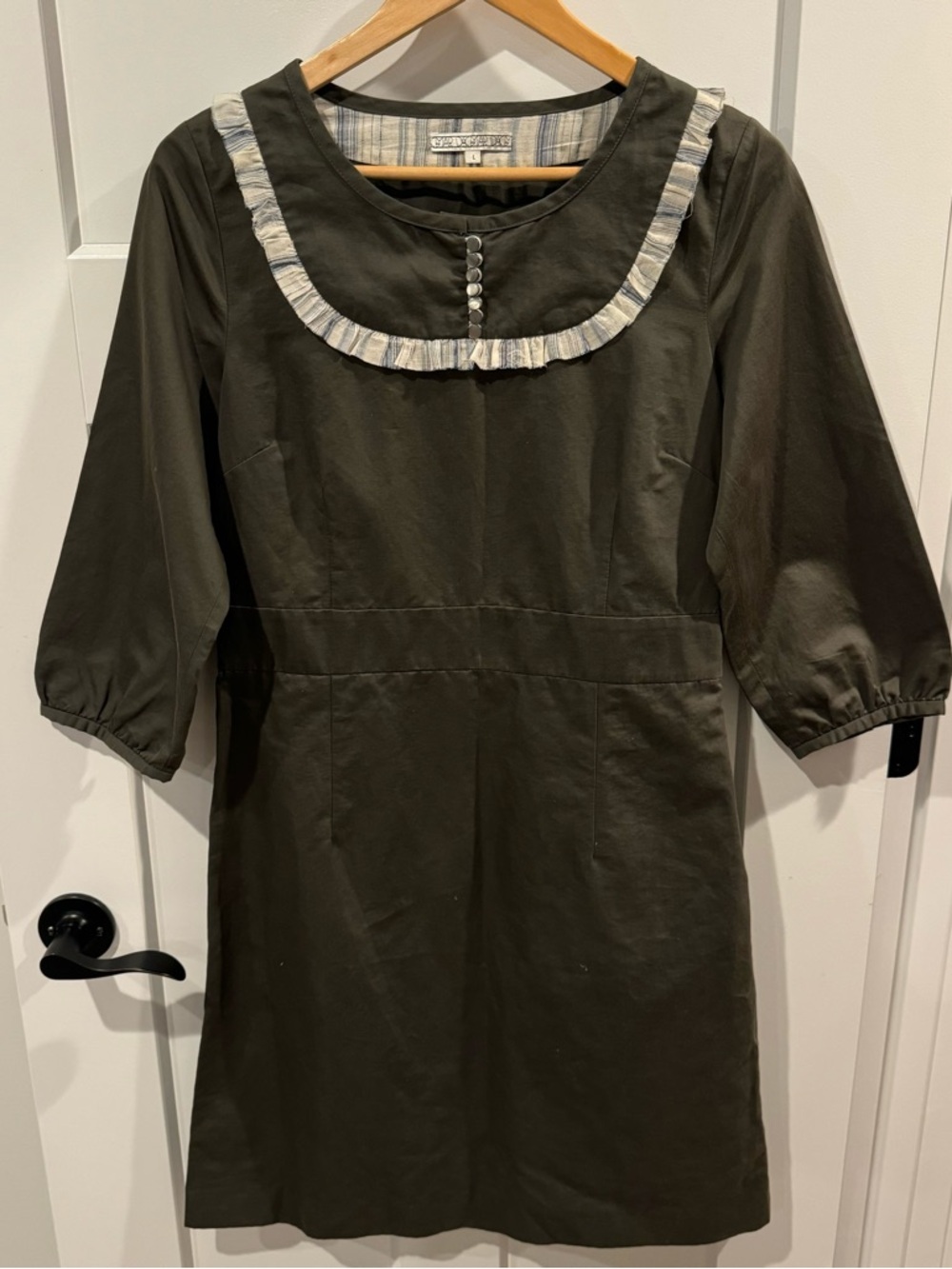 House of Dagmar Olive Green Ruffle Collar Dress NEW